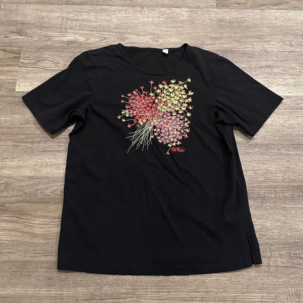 Bob Mackie Wearable Art Black Floral Embroidered Cotton T-Shirt Top A201313 M